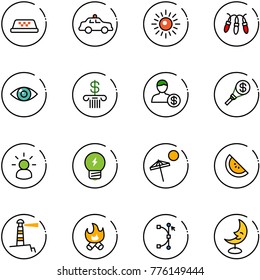 line vector icon set - taxi vector, safety car, sun, garland, eye, bank, account, money torch, idea, beach, watermelone, lighthouse, fire, bezier, moon lamp