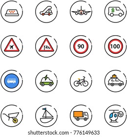 line vector icon set - taxi vector, trap truck, plane, encashment car, airport road sign, side wind, speed limit 90, 100, bus, electric, bike, baggage, wheelbarrow, sailboat toy, helicopter