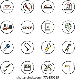 line vector icon set - taxi vector, phone, client bell, officer window, fork loader, baggage truck, mobile payment, dollar pin, wrench, fretsaw, plumber, screwdriver, tool box, allen key