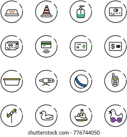 line vector icon set - taxi vector, road cone, liquid soap, credit card, tap pay, basin, pipe welding, ball, phone toy, windmill, duck, boat