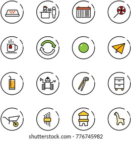 line vector icon set - taxi vector, passport control, schedule, lollipop, tea, refresh, record, paper fly, drink, robot, plumber, tool cabinet, wheelbarrow, allen key set, toy block house, giraffe