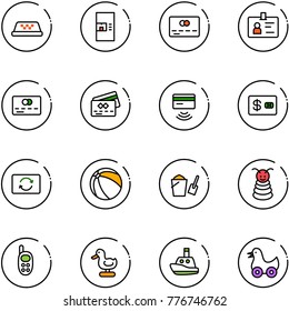 line vector icon set - taxi vector, coffee machine, credit card, identity, tap pay, exchange, ball, bucket scoop, pyramid toy, phone, duck, boat