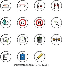 line vector icon set - taxi vector, sleigh, wine, glasses, blood test, speed limit 50 road sign, no turn back, cursor, graduate hat, opened mail, trash bin, dragonfly, server wireless, battery