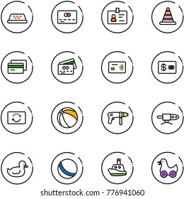 line vector icon set - taxi vector, credit card, identity, road cone, tap pay, exchange, ball, drill machine, pipe welding, duck toy, boat