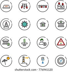line vector icon set - taxi vector, garland, candle, snowball tree, sun, bank, account, traffic light road sign, beach, lighthouse, laser, power