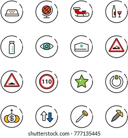 line vector icon set - taxi vector, globe, sleigh, wine, vial, eye, doctor hat, car crash road sign, artificial unevenness, speed limit 110, star, standby, dollar growth, up down arrows, nail, screw