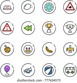 line vector icon set - taxi vector, lemon, slice, tractor way road sign, traffic light, fast backward, win cup, gold, moon flag, money smile, banana, milling cutter, balloon, horn toy, beach ball