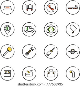 line vector icon set - taxi vector, baggage, phone, truck, dollar pin, encashment car, gear globe, fretsaw, rubber hammer, wrench, screwdriver, jack, tool box, stapler, allen key