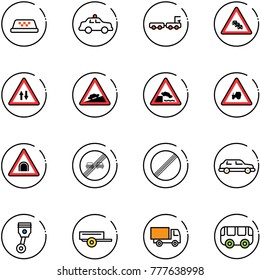line vector icon set - taxi vector, safety car, baggage truck, multi lane traffic road sign, oncoming, climb, embankment, tractor way, tunnel, end overtake limit, no, limousine, piston, trailer, toy