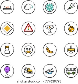 line vector icon set - taxi vector, lemon, slice, money torch, main road sign, traffic light, gold cup, moon flag, king, smile, banana, milling cutter, balloon, excavator toy, horn, bus