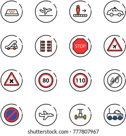 line vector icon set - taxi vector, departure, travolator, safety car, trap truck, plane seats, stop road sign, airport, railway intersection, speed limit 80, 110, end, no parking, gyroscope
