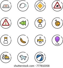 line vector icon set - taxi vector, lemon, main road sign, tractor way, traffic light, fast backward, win cup, moon flag, king, banana, milling cutter, balloon smile, excavator toy, horse