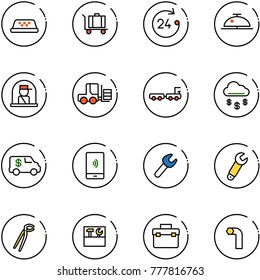 line vector icon set - taxi vector, baggage, 24 hours, client bell, officer window, fork loader, truck, money rain, encashment car, mobile payment, wrench, plumber, tool box, allen key