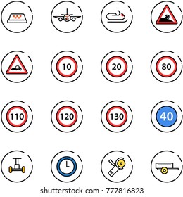 line vector icon set - taxi vector, plane, snowmobile, steep roadside road sign, car crash, speed limit 10, 20, 80, 110, 120, 130, minimal, gyroscope, clock, Angular grinder, trailer