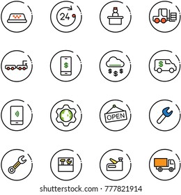 line vector icon set - taxi vector, 24 hours, recieptionist, fork loader, baggage truck, mobile payment, money rain, encashment car, gear globe, open, wrench, tool box, stapler, toy