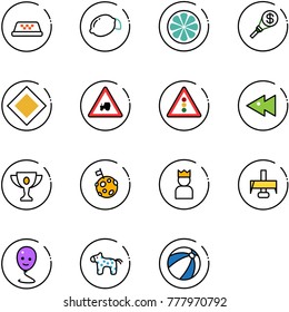 line vector icon set - taxi vector, lemon, slice, money torch, main road sign, tractor way, traffic light, fast backward, gold cup, moon flag, king, milling cutter, balloon smile, toy horse