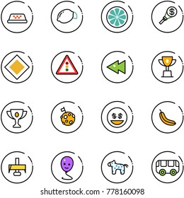 line vector icon set - taxi vector, lemon, slice, money torch, main road sign, traffic light, fast backward, win cup, gold, moon flag, smile, banana, milling cutter, balloon, toy horse, bus