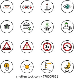 line vector icon set - taxi vector, garland, candle, eye, bank, account, drawbridge road sign, traffic light, limited height, distance, business idea, sun, lighthouse, moon lamp