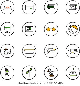 line vector icon set - taxi vector, credit card, tap pay, sunglasses, ball, bucket scoop, basin, drill machine, pipe welding, phone toy, windmill, duck, boat
