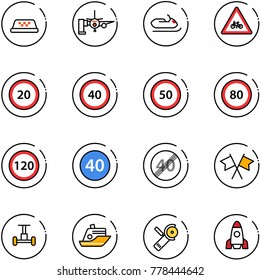 line vector icon set - taxi vector, boarding passengers, snowmobile, road for moto sign, speed limit 20, 40, 50, 80, 120, minimal, end, flags cross, gyroscope, cruiser, Angular grinder, rocket