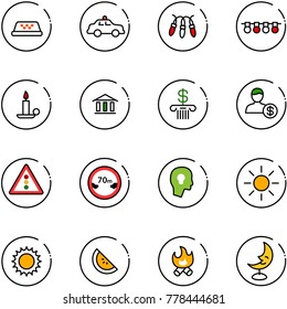 line vector icon set - taxi vector, safety car, garland, candle, bank, account, traffic light road sign, limited distance, head bulb, sun, watermelone, fire, moon lamp