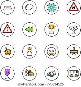 line vector icon set - taxi vector, lemon, slice, tractor way road sign, traffic light, fast backward, win cup, gold, moon flag, king, money smile, milling cutter, balloon, excavator toy, horn, bus