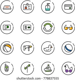 line vector icon set - taxi vector, identity, liquid soap, credit card, refresh, sunglasses, ball, drill machine, duck toy, phone, windmill, boat