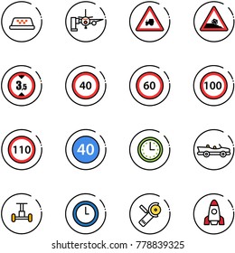 line vector icon set - taxi vector, boarding passengers, tractor way road sign, steep roadside, limited height, speed limit 40, 60, 100, 110, minimal, time, cabrio, gyroscope, clock, Angular grinder
