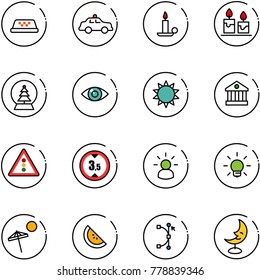 line vector icon set - taxi vector, safety car, candle, snowball tree, eye, sun, bank, traffic light road sign, limited height, idea, bulb, beach, watermelone, bezier, moon lamp