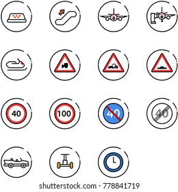 line vector icon set - taxi vector, escalator up, plane, boarding passengers, snowmobile, tractor way road sign, car crash, artificial unevenness, speed limit 40, 100, end minimal, cabrio, gyroscope