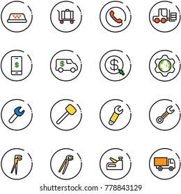 line vector icon set - taxi vector, baggage, phone, fork loader, mobile payment, encashment car, money click, gear globe, wrench, rubber hammer, plumber, stapler, truck toy