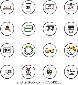 line vector icon set - taxi vector, coffee machine, credit card, identity, road cone, tap pay, refresh, sunglasses, ball, pipe welding, pyramid toy, phone, duck