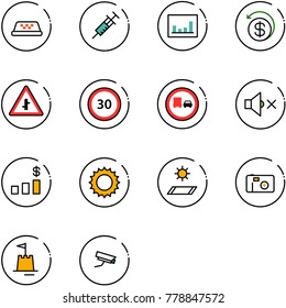 line vector icon set - taxi vector, syringe, statistics, money back, intersection road sign, speed limit 30, no truck overtake, volume off, dollar chart, sun, mat, photo, sand castle