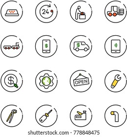 line vector icon set - taxi vector, 24 hours, baby room, fork loader, baggage truck, mobile payment, encashment car, money click, gear globe, open, wrench, plumber, screwdriver, stapler, allen key