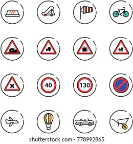 Line Vector Icon Set - Taxi Vector, Trap Truck, Side Wind, Bike, Climb Road Sign, Tractor Way, Tunnel, Railway Intersection, Speed Limit 40, 130, No Parking, Plane, Air Balloon, Cabrio, Wheelbarrow