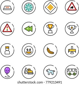 line vector icon set - taxi vector, lemon slice, main road sign, tractor way, traffic light, fast backward, win cup, gold, king, money smile, banana, milling cutter, balloon, excavator toy, horse