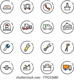 line vector icon set - taxi vector, baggage, phone, recieptionist, officer window, fork loader, encashment car, open, wrench, plumber, jack, stapler, tool box, truck toy