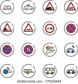 line vector icon set - taxi vector, safety car, steep descent road sign, crash, gravel, rough, no overtake, stop, parking, even, key hand, wireless, trailer, toy bus