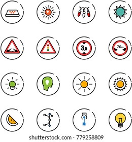 line vector icon set - taxi vector, sun, garland, drawbridge road sign, traffic light, limited height, distance, bulb, head, watermelone, bezier, laser