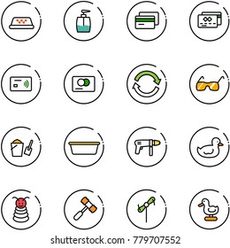 line vector icon set - taxi vector, liquid soap, credit card, tap pay, refresh, sunglasses, bucket scoop, basin, drill machine, duck toy, pyramid, hammer, windmill