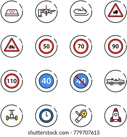 line vector icon set - taxi vector, boarding passengers, snowmobile, tractor way road sign, for moto, speed limit 50, 70, 90, 110, minimal, end, cabrio, gyroscope, clock, Angular grinder, rocket
