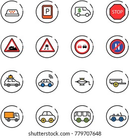 line vector icon set - taxi vector, parking sign, encashment car, stop road, climb, slippery, no overtake, even, baggage, wireless, jack, trailer, truck toy, bus