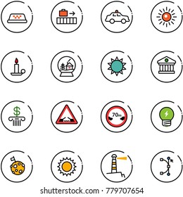 line vector icon set - taxi vector, baggage, safety car, sun, candle, snowball house, bank, drawbridge road sign, limited distance, idea, moon flag, lighthouse, bezier