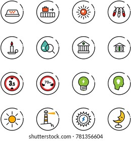 line vector icon set - taxi vector, baggage, sun, garland, candle, blood test, bank, limited height road sign, distance, idea, head bulb, lighthouse, power, moon lamp