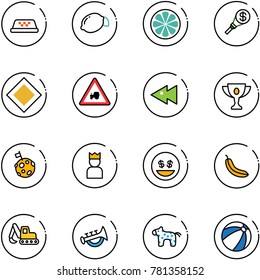 line vector icon set - taxi vector, lemon, slice, money torch, main road sign, tractor way, fast backward, gold cup, moon flag, king, smile, banana, excavator toy, horn, horse, beach ball