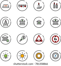 line vector icon set - taxi vector, garland, candle, snowball tree, bank, account, money torch, drawbridge road sign, limited height, bulb, sun, power