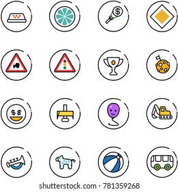 line vector icon set - taxi vector, lemon slice, money torch, main road sign, tractor way, traffic light, gold cup, moon flag, smile, milling cutter, balloon, excavator toy, horn, horse, beach ball