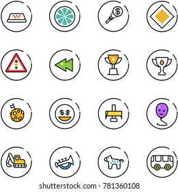 line vector icon set - taxi vector, lemon slice, money torch, main road sign, traffic light, fast backward, win cup, gold, moon flag, smile, milling cutter, balloon, excavator toy, horn, horse, bus