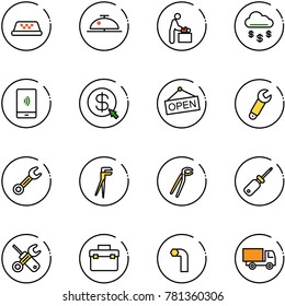 line vector icon set - taxi vector, client bell, baby room, money rain, mobile payment, click, open, wrench, plumber, screwdriver, tool box, allen key, truck toy