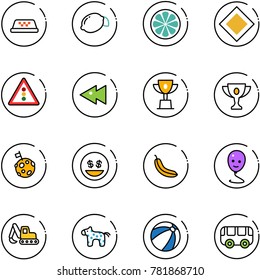 line vector icon set - taxi vector, lemon, slice, main road sign, traffic light, fast backward, win cup, gold, moon flag, money smile, banana, balloon, excavator toy, horse, beach ball, bus